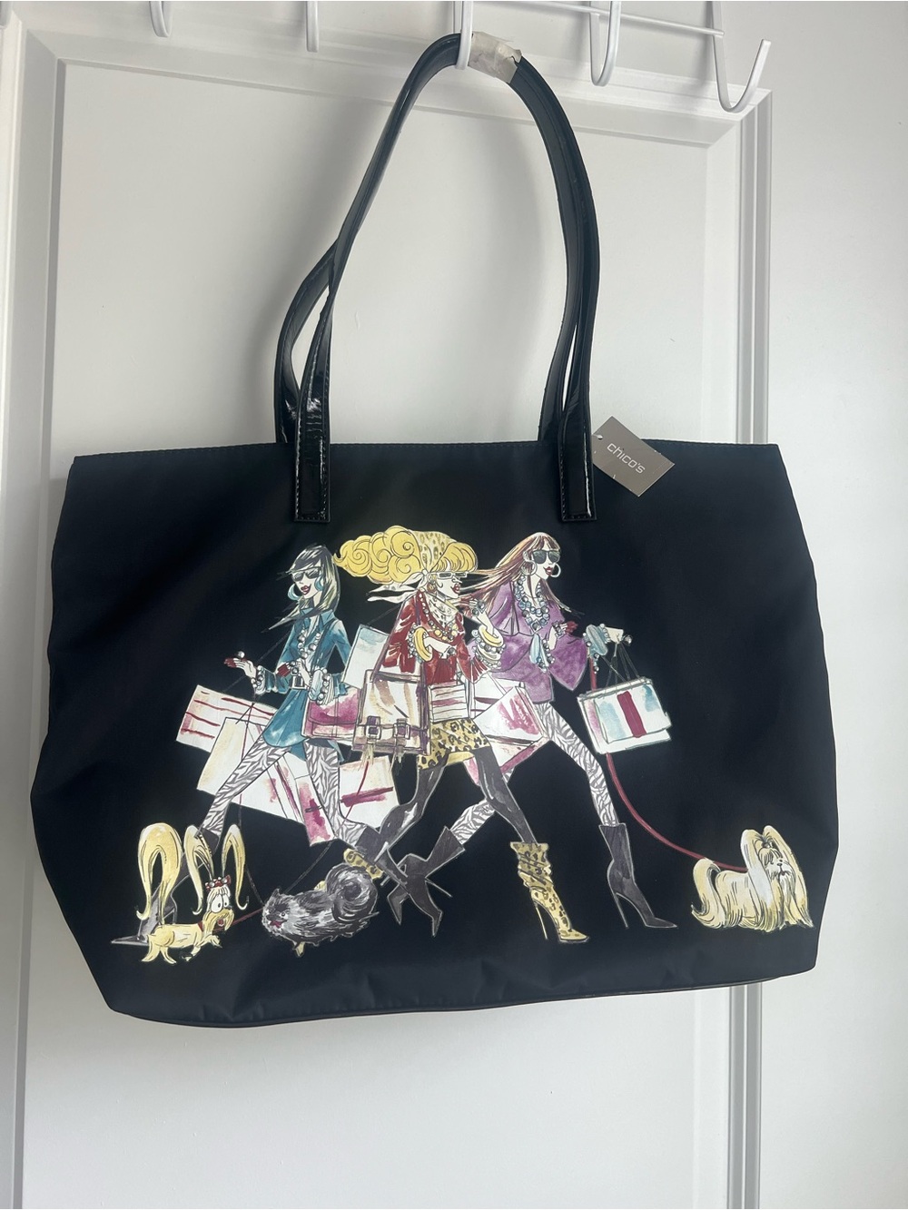 Chico's Black Tote with Fashion Illustration and Multi-Color Accents